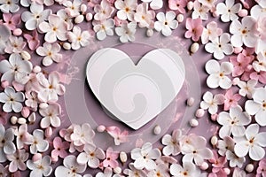White heart around the decoration of white flowers. Heart as a symbol of affection and