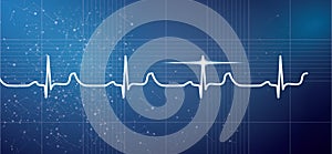White Heart Beat Pulse Electrocardiogram Rhythm on Blue Background.