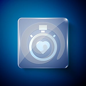 White Heart in the center stopwatch icon isolated on blue background. Valentines day. Square glass panels. Vector