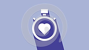 White Heart in the center stopwatch icon isolated on purple background. Valentines day. 4K Video motion graphic