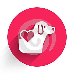 White Heart with dog icon isolated with long shadow. Pet paw in heart. Love to the animals. Red circle button. Vector