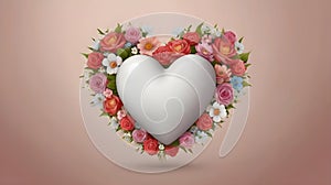 White heart with flowers, love and emotion concept on a light pink background for holidays