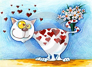 White heart love cat gives a bouquet of flowers