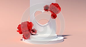 white heart podium 3d rendering with blooming red roses for chinses new year background or valentine\'s day.