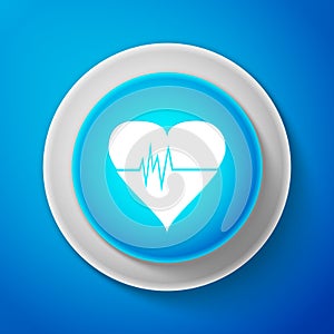 White Heart rate icon isolated on blue background. Heartbeat sign. Heart pulse icon. Cardiogram icon. Circle blue button