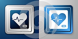 White Heart rate icon isolated on blue and grey background. Heartbeat sign. Heart pulse icon. Cardiogram icon. Silver