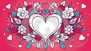 white heart on a red background with flowers, hearts, in white-blue-red color