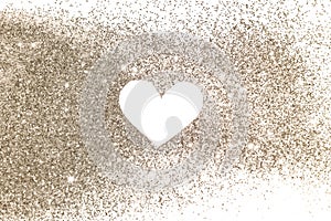 White heart on rose gold glitter sparkles on white background