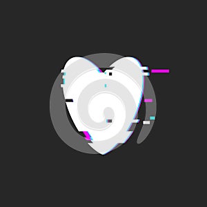 White heart shape with glitch effect on black background. Vector