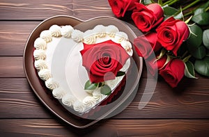 White heart shaped cake on wooden table, roses in the corner. Valentine\'s Day, Mother\'s Day. Copy space