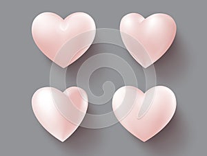 White heart valetines vector set. Hearts white elements with 3d realistic shape isolated.