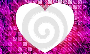 white heart on white lines and curves on gradient rounded rectangle on blur pink and violet rose flowers bouquet background,