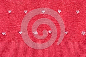 White Hearts on the Red Knitted Background. Fabric Cloth Inside Out View. Happy Valentine`s Day and Love Concept. Romantic Card,