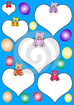 White hearts with teddies and balloons