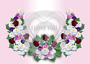 White hearts with a wreath of flowers on a pink background
