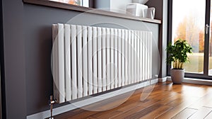 white heating radiator hanging on the wall in the living room, close-up