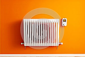 white heating radiator with temperature controller near orange wall