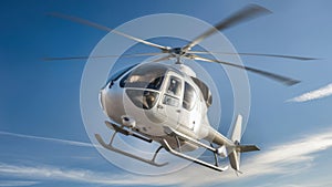 White Helicopter Hovering in a Blue Sky