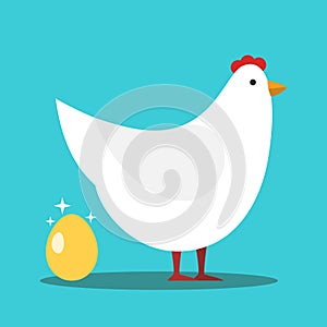 White hen laying shiny gold egg on turquoise blue background. Investment, wealth, profit and luck concept. Flat design. Vector