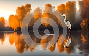 White heron on the river at  autumn landscape and sunrise. Generative Al Illustration