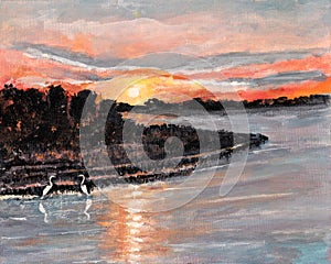 White Herons at Sunset Acrylic Painting