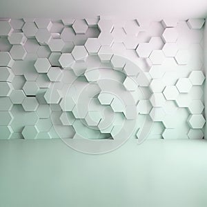 White hexagonal tiles create a 3D effect on a wall forming a geometric pattern