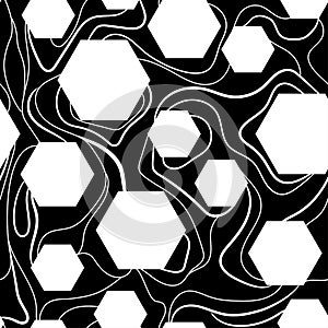 White hexagons on a black background seamless pattern vector illustration.Honeycomb hexagons with wavy doodle lines