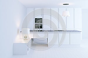 White hi-tech kitchen interior design 3d render