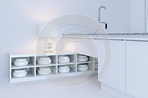 White hi-tech kitchen interior design. Close-up 3d render