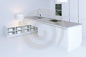White hi-tech kitchen interior design. Perspective view 3d render
