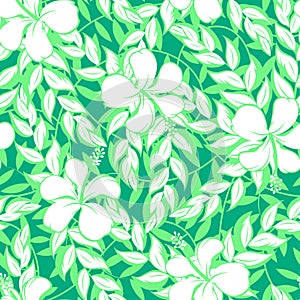 White hibiscus flowers and leaf seamless pattern