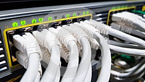 White high speed network cables connected to the cloud network servers equipment switch inside modern big data center