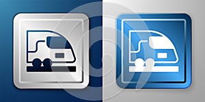 White High-speed train icon isolated on blue and grey background. Railroad travel and railway tourism. Subway or metro