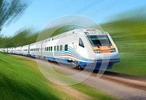 White high speed train runs on rail tracks on Moscow rail ways among birch green trees. Train in motion. Russian rail roads ways