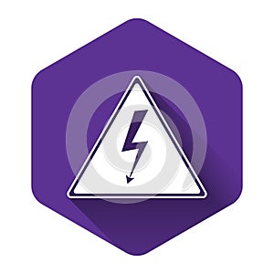 White High voltage sign icon isolated with long shadow. Danger symbol. Arrow in triangle. Warning icon. Purple hexagon