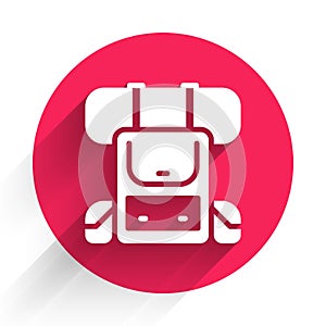 White Hiking backpack icon isolated with long shadow. Camping and mountain exploring backpack. Red circle button. Vector