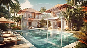 white holiday villa, relaxing holiday home surrounded by palm trees in a tropical warm country resort. AI generated