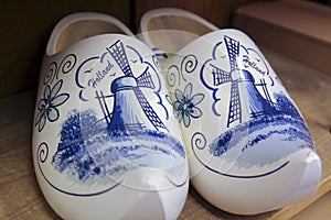 White Holland Wooden Clogs with Hand-Painted Blue Windmills