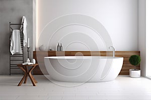 white home architecture luxury modern bathroom house interior corner wood bathtub. Generative AI.