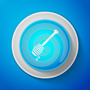 White Honey dipper stick with dripping honey icon isolated on blue background. Honey ladle. Circle blue button with