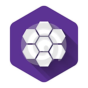 White Honeycomb sign icon isolated with long shadow. Honey cells symbol. Sweet natural food. Purple hexagon button