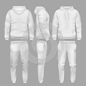 White hooded sweatshirt with sports trousers. Active sport wear hoodie and pants vector templates photo