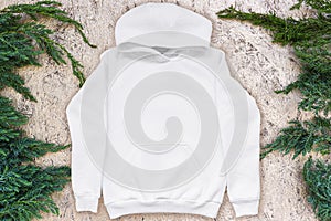 White hoodie Christmas blank mockup, copy space.