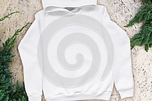 White hoodie close up Christmas template flatlay mockup, copy space.