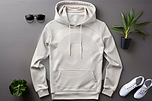 White hoodie, sneakers, accessories on a dark background. Top view, flat lay. Athleisure style photo
