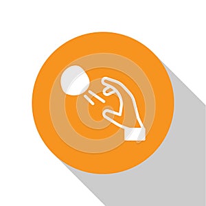 White Hooligan shooting small stones icon isolated on white background. Demonstrator. Orange circle button. Vector photo