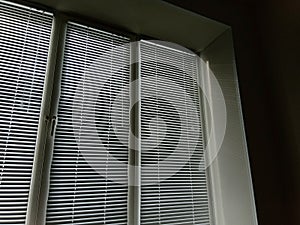 White horizontal blinds on the window block out the bright sunlight.