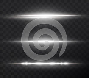 White horizontal lens flares pack. Png. Laser beams, horizontal light rays. Beautiful light flares. Glowing streaks on