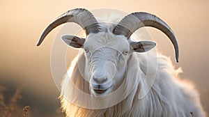 A white horned goat head on blurry natural background, generated by ai