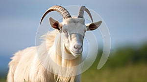 A white horned goat head on blurry natural background,generated by ai